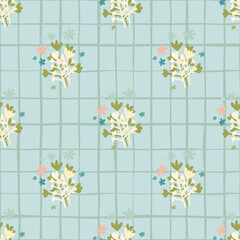 Spring seamless doodle pattern with botanic branches in green and white colors. Blue background with check.