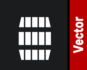 White Wooden barrel icon isolated on black background. Alcohol barrel, drink container, wooden keg for beer, whiskey, wine. Vector Illustration.