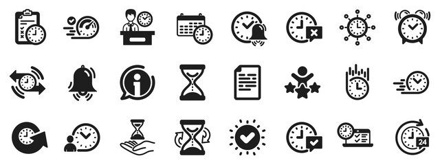 Fototapeta premium Set of Calendar, Time management timer and Delivery service icons. Time icons. Checklist, Stopwatch timer and hourglass. 24 hours and Presentation, calendar, checklist test. Vector