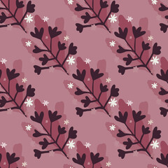 Black branches shape seamless pattern. Dark lilac background. Little white daisy flowers.