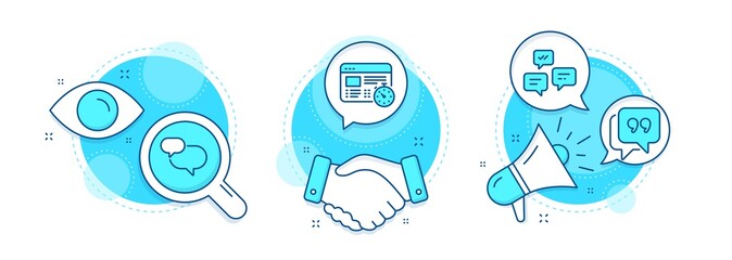 Chat messages, Web timer and Quote bubble line icons set. Handshake deal, research and promotion complex icons. Chat message sign. Communication, Online test, Speech bubble. Technology set. Vector