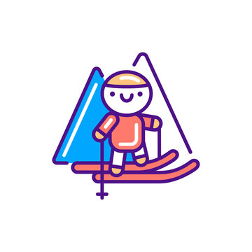Ski tourism line color icon. Cute character skiing kawaii pictogram. Sign for web page, mobile app, button, logo. Vector isolated element. Editable stroke