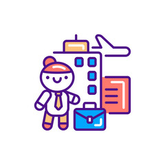 Business tourism line color icon. Cute girl on a work trip kawaii pictogram. Sign for web page, mobile app, button, logo. Vector isolated element. Editable stroke