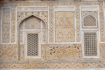 Exterior wall, detail with niche. Mausoleum of Etmaduddaula or Itmad-ud-Daula tomb often regarded...