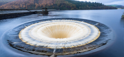 "Plug Hole" at Ladybower reservoir taking the excess water after heavy rain fall. Derbyshire