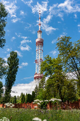 Kyiv (Kiev), Ukraine - July 31, 2020: A big and high metal tower, pipe for radio and television broadcasting 