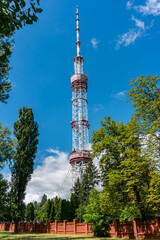 Kyiv (Kiev), Ukraine - July 31, 2020: A big and high metal tower, pipe for radio and television broadcasting 