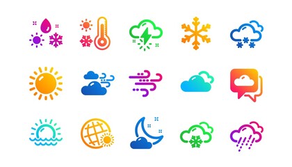 Cloudy sky, winter snowflake, thermometer. Weather and forecast icons. Moon night, rain and sunset icons. Weather temperature, meteorology forecast. Classic set. Gradient patterns. Vector