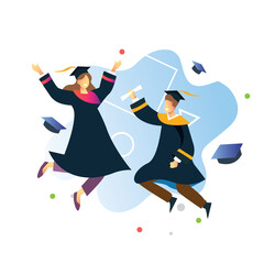 Boys and girls celebrating university graduation wearing academic dress, gown or robe and graduation cap and holding diploma.. Flat cartoon vector illustration.