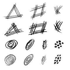 Hand-drawn simple vector set. Abstract strokes, doodles, scribbles, curlicues, dots, ink, charcoal pencil. Elements for creating patterns, design.