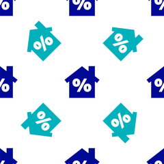Blue House with percant discount tag icon isolated seamless pattern on white background. Real estate home. Credit percentage symbol. Vector Illustration.