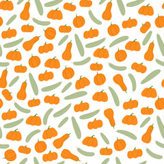 Doodle seamless pattern with orange pumpkins and grey zucchini ornament. White background. Isolated print.