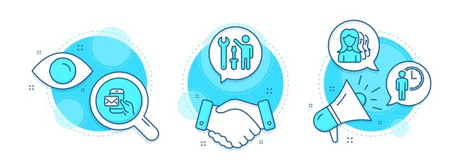 Repairman, Messenger mail and Waiting line icons set. Handshake deal, research and promotion complex icons. Women headhunting sign. Repair screwdriver, New e-mail, Service time. Women teamwork. Vector