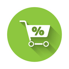 White Shopping cart icon isolated with long shadow. Online buying concept. Delivery service sign. Supermarket basket symbol. Green circle button. Vector Illustration.