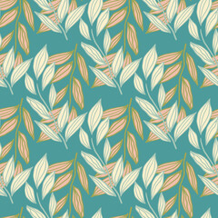 Foliage branches abstract silhouettes seamless pattern. Pastel light and orange botanic elements on blue turquoise background.