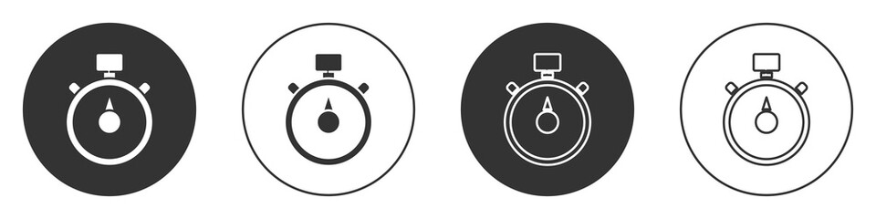Black Stopwatch icon isolated on white background. Time timer sign. Chronometer sign. Circle button. Vector Illustration.