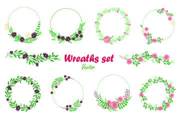 Flower wreaths  set. Wedding floral wreaths for greeting cards and invitations. Vector illustration.