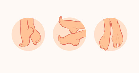 Collection of three bare woman feet pair arranged in different poses  isolated on white background. Front, side view. Foot icon, emblem. Vector flat illustration.