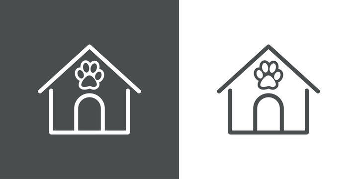 Concepto cuidado de mascotas. Icono plano lineal casa de gato con huella de pisada en fondo gris y fondo blanco - Powered by Adobe