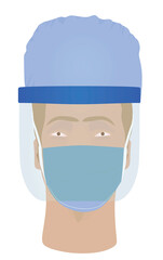 Doctor wearing face mask, visor and hat. vector