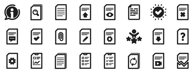 Set of Report, Checklist and Copy icons. Document Management icons. Download file, Remove and Attach clip symbols. Search, Edit management document and Corrupt report file. Checklist copy. Vector