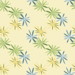 Seamless herbal pattern with daisy geometric shapes. Yellow, green and blue flowers on light background. Stylized artwork.