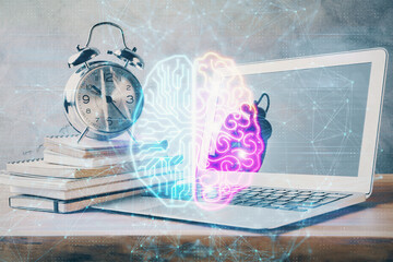 Double exposure of desktop computer and human brain drawing hologram. Ai concept.