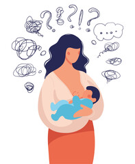 Questions and problems of breastfeeding. A woman with a child in her arms asks herself many questions. Concept illustration about postpartum depression, helping a young mother. 