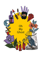 Halloween watercolor invitation card with flower, poison, owl, ghosts, monster  and witchcraft backgroundFor posters, backdrop, autumn party festival