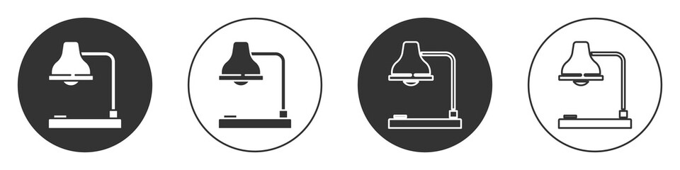 Black Table lamp icon isolated on white background. Table office lamp. Circle button. Vector Illustration.