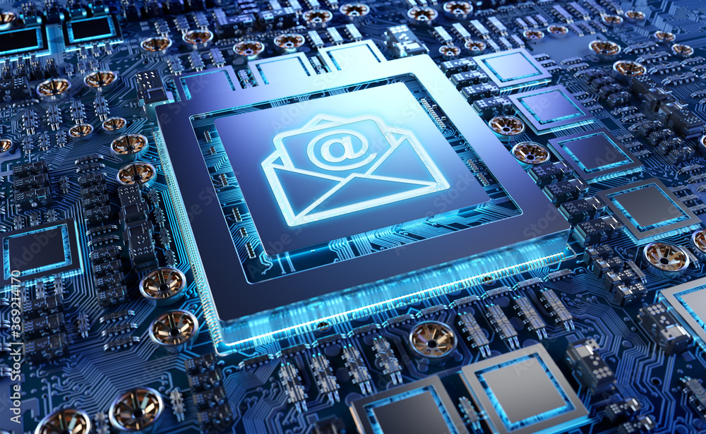 Fototapete close-up view of a modern gpu card with email icon 3d rendering