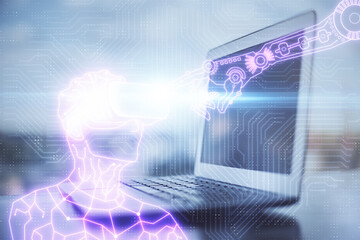 Computer on desktop with AR theme icon. Multi exposure. Concept of augmented reality.