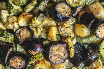 Hot delicious vegetables baked vegetables close up. Concept of healthy and seasonal dishes of fast preparation