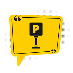 Black Parking icon isolated on white background. Street road sign. Yellow speech bubble symbol. Vector Illustration.