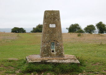 The triangulation station on top of Butser Hill in the South Downs National Park, Hampshire,...