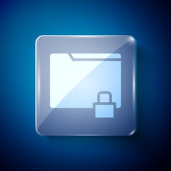 White Folder and lock icon isolated on blue background. Closed folder and padlock. Security, safety, protection concept. Square glass panels. Vector Illustration.