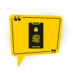Black Smartphone with fingerprint scanner icon isolated on white background. Concept of security, personal access via finger on mobile. Yellow speech bubble symbol. Vector Illustration.