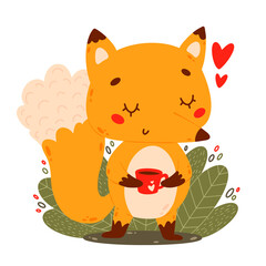 Flat colors illustration of cute cartoon fox with coffee mug in doodle style isolated on white background
