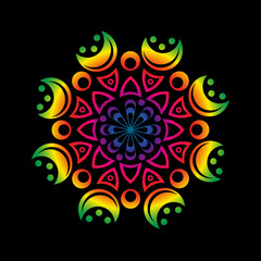 Multicolored rainbow mandala on black background. Round pattern, floral ornament. Beautiful symmetrical element. Antistress, relaxation