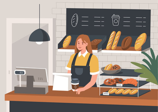 Female Baker In Bakery Shop Standing At Cashier Desk, Holding Coffee And Bread. Near Her Shelves Full Of Breads, Baguettes And Various Bakery Products. Flat Cartoon Vector Illustration.