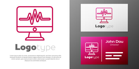 Logotype line Computer monitor with cardiogram icon isolated on white background. Monitoring icon. ECG monitor with heart beat hand drawn. Logo design template element. Vector Illustration.