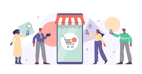 People Shopping and Buying Online on Smartphone. Female and Male Characters Making Order in Mobile App. Mobile Commerce and Online Shopping Concept.  Flat Cartoon Vector Illustration.
