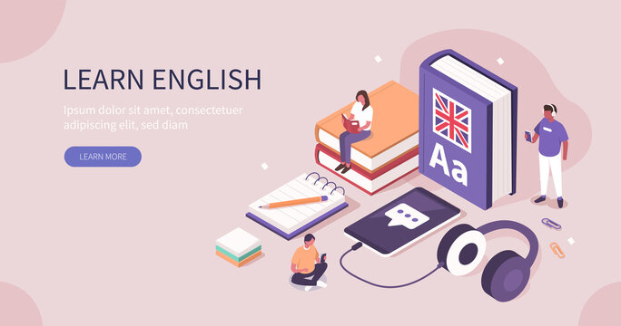 Students Learning English Language Online. People Characters Studying with Smartphone, Books and Practicing Reading, Listening and Speaking in English. Flat Isometric Vector Illustration.