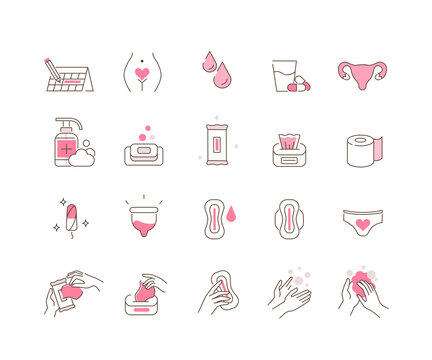 Woman Menstruation Cycle Icons Collection. Gynecological hygiene Products. Pad, Menstrual Cup, Tampons. Feminine Intimate Hygiene for Period. Flat Line Cartoon Vector Illustration.