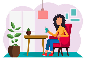 Girl with cup of coffee is sitting at table, drinking coffee, eating breakfast, at home or at food restaurant