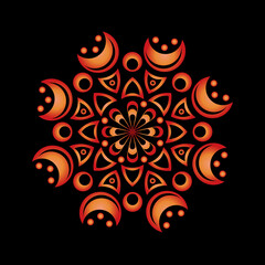 Orange gradient mandala on a black background. Round pattern, floral ornament. Beautiful symmetrical element. Antistress, relaxation