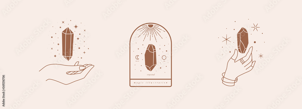 Fototapete set of mystical symbols for spiritual practices. magic crystals quartz sparkle with stars and float 
