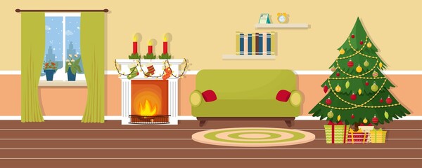 Vector New Year s interior in flat style. A room with a fireplace, a Christmas tree, gifts, decorated for Christmas stock vector illustration