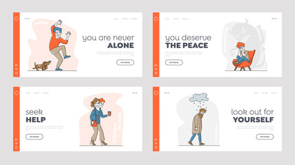 Characters Mental Problems Landing Page Template Set. Bipolar Disorder, Insomnia, Kynophobia, Depression, Schizophrenia