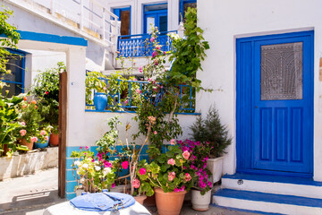 Plaka Town on Milos Island - picturesque narrow stone street with traditional greek whitewashed walls, blue doors, window shuttes and blooming colorful flowers, Greece.
